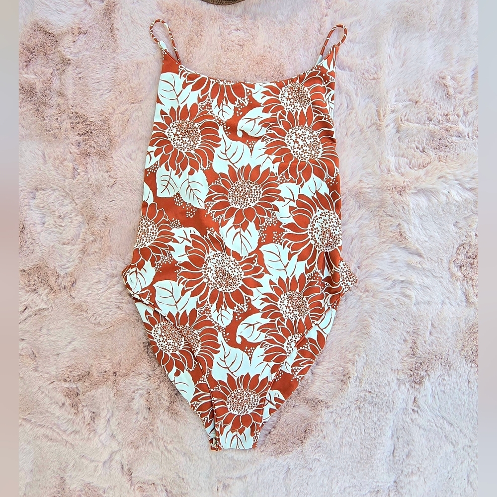 Madewell Rust & White Floral One Piece Swimsuit Size S Buttery Soft Minimal Fit